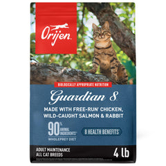 ORIJEN Guardian 8 grain free bag showing high-protein senior cat nutrition.