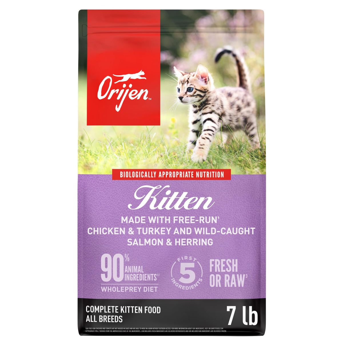 ORIJEN kitten grain-free 7lb bag front showing high-protein nutrition for growing kittens.