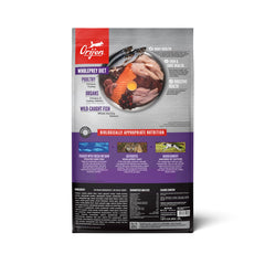ORIJEN large-breed dry dog food ingredients close-up highlighting high-protein nutrition.