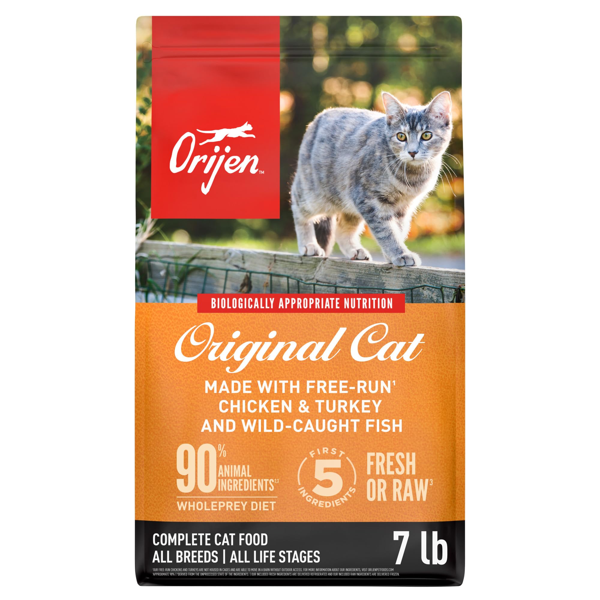 ORIJEN Original Cat Food 7lb bag highlighting premium ingredients for protein-rich nutrition