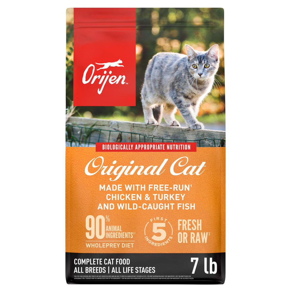 ORIJEN Original Cat Food 7lb bag highlighting premium ingredients for protein-rich nutrition