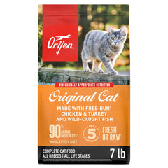 ORIJEN Original Cat Food 7lb bag highlighting premium ingredients for protein-rich nutrition