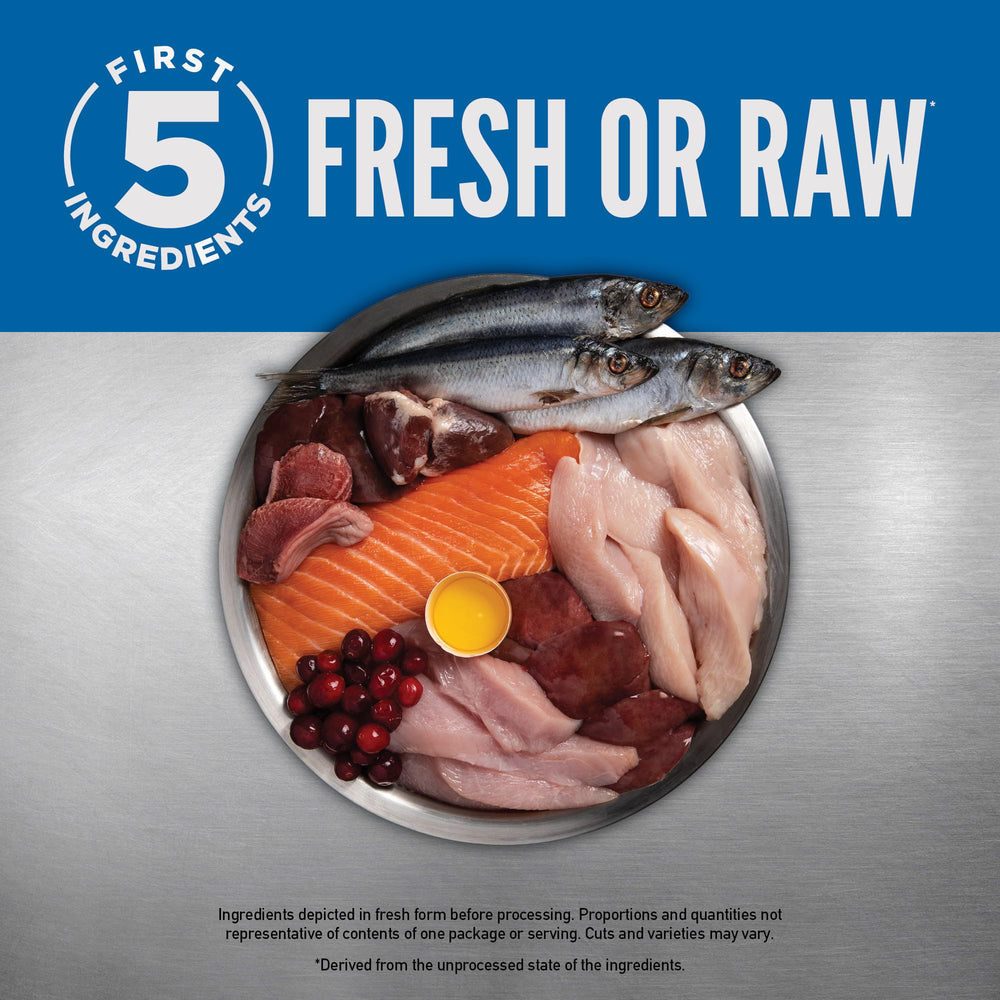 First five ingredients of ORIJEN Original: chicken, turkey, salmon, herring, liver