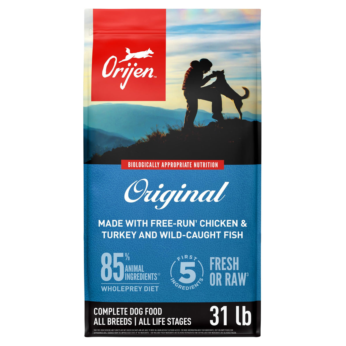ORIJEN Original Grain Free Dry Dog Food bag showing premium protein-packed formula for active dogs