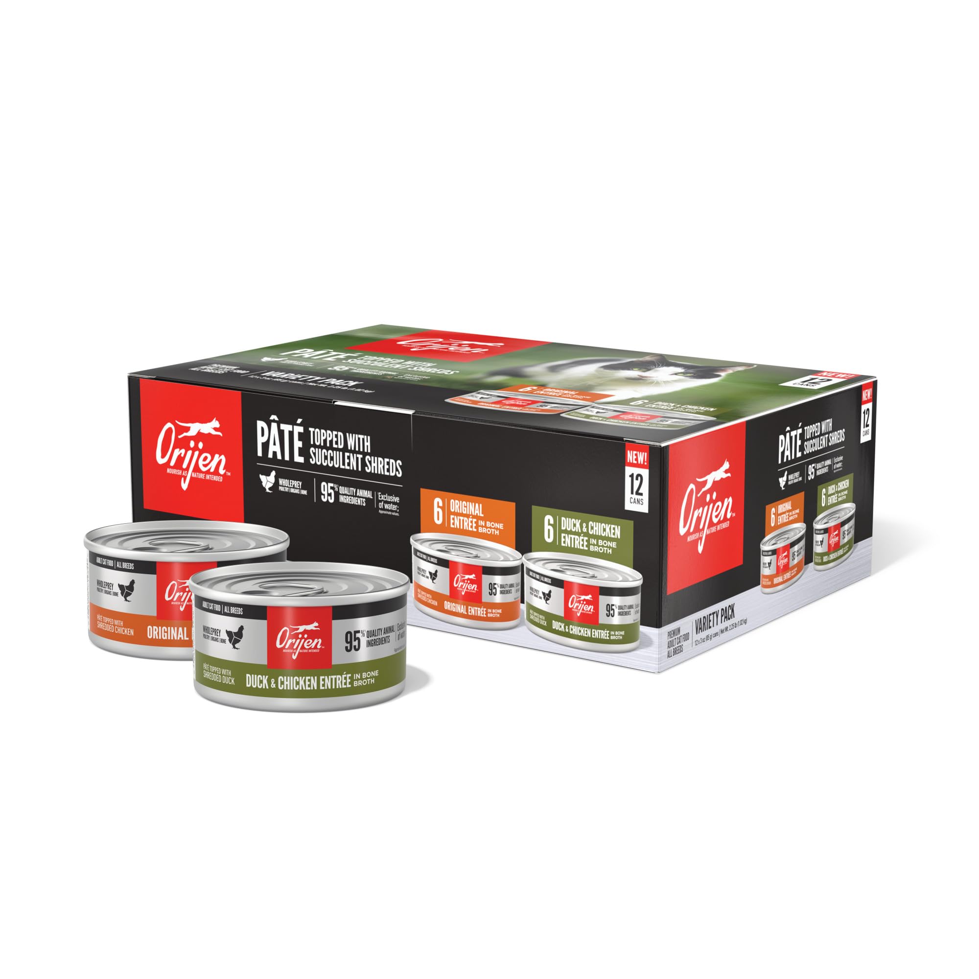 ORIJEN Premium Pâté Duck and Chicken Entrée cans highlight WholePrey ingredients