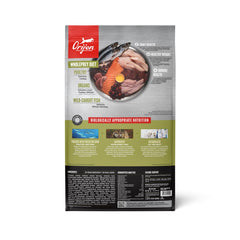 ORIJEN Senior high-protein kibble closeup emphasizing premium animal ingredients.