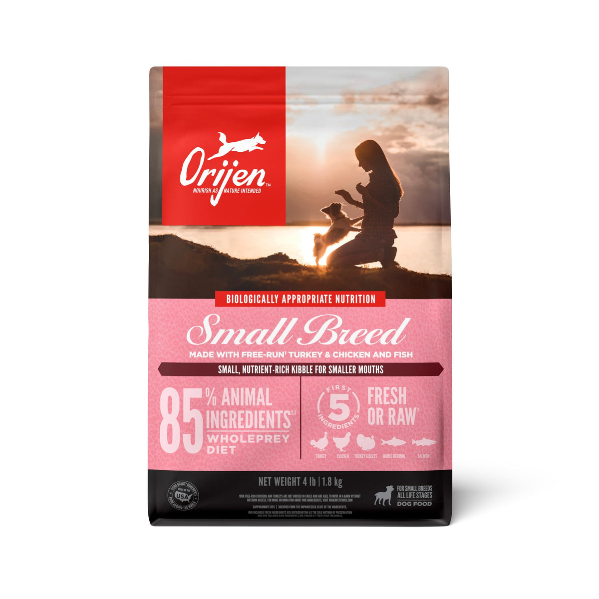 ORIJEN small breed grain-free dog food bag highlighting high-protein nutrition.