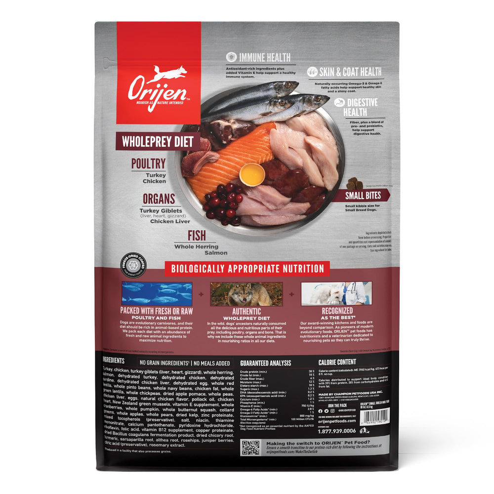 ORIJEN small-breed kibble shaped for easy chewing.