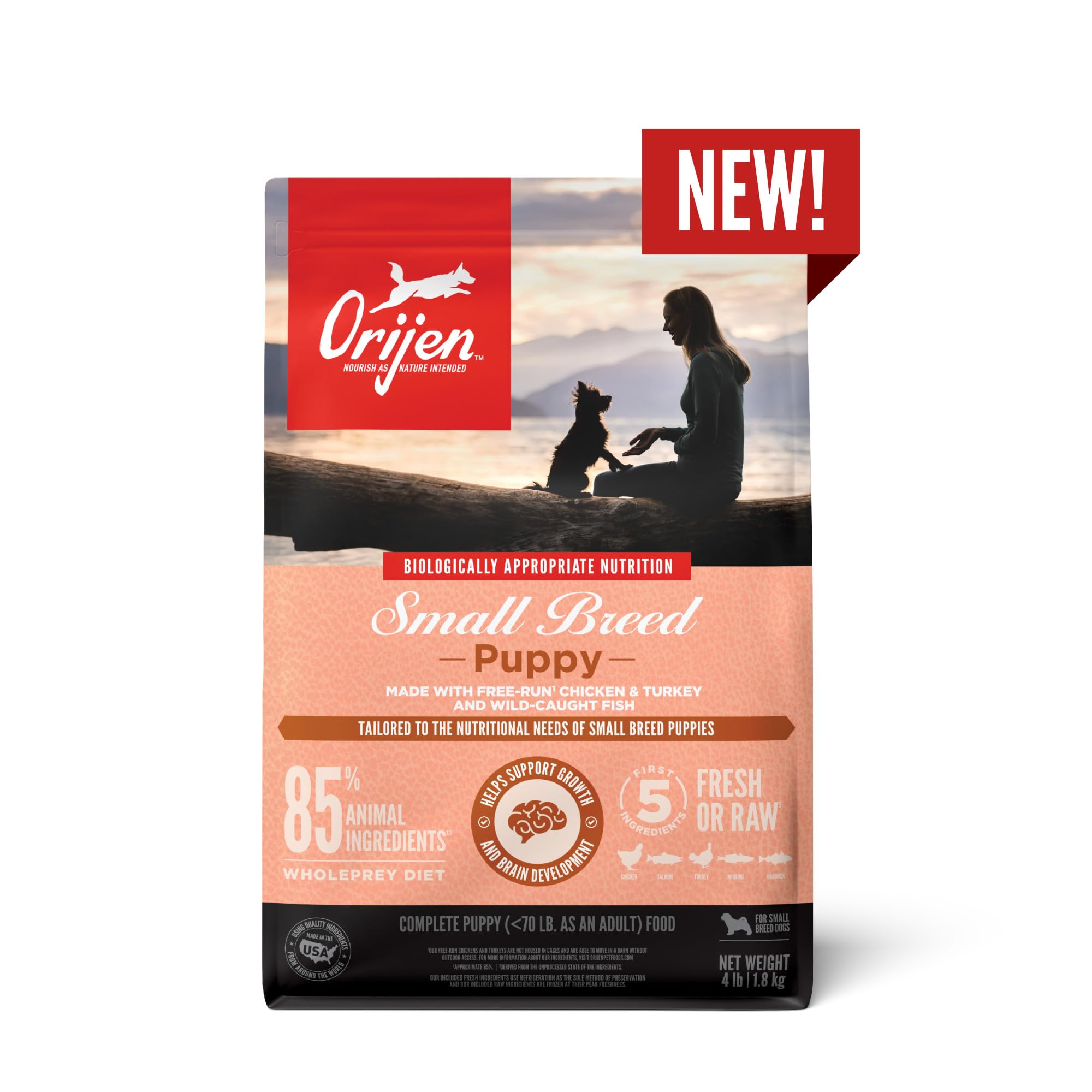 ORIJEN small-breed packaging closeup highlights grain-free formula benefits.