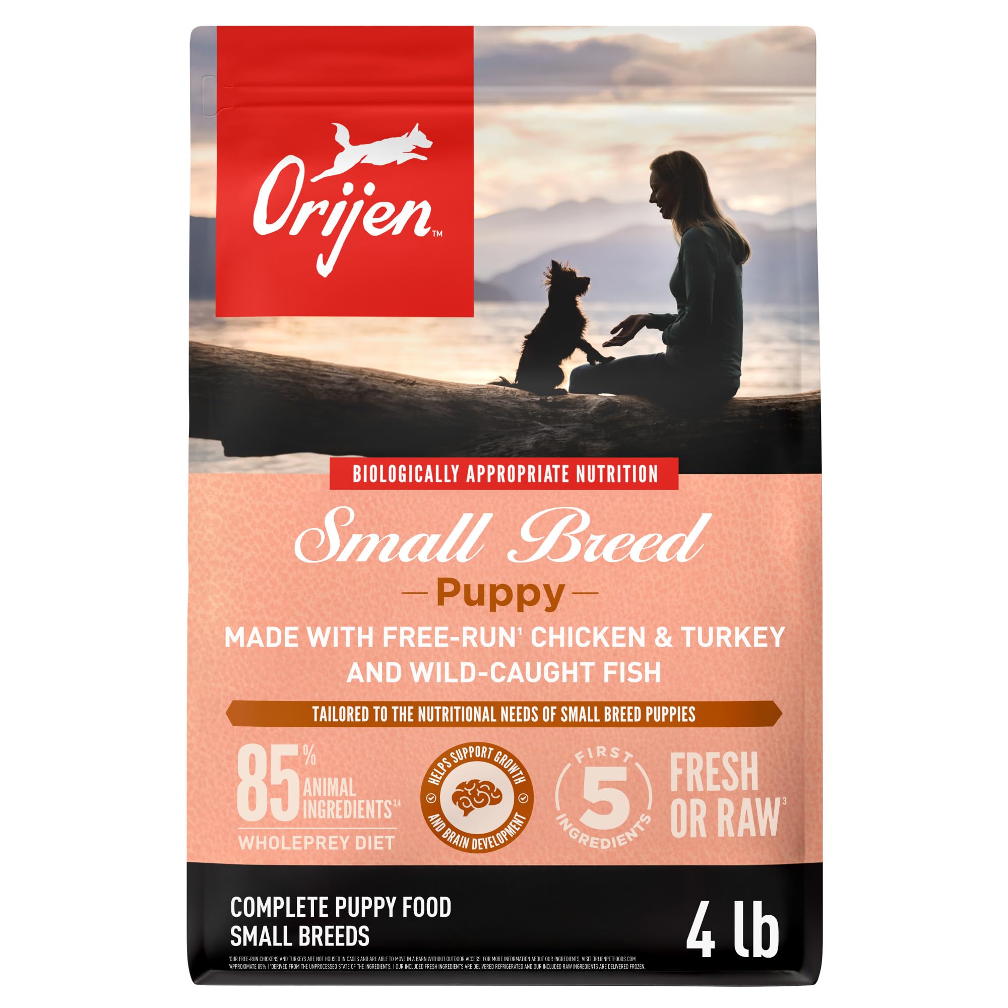 ORIJEN Small Breed Puppy dry food bag 4lb shows premium ingredients for growth.