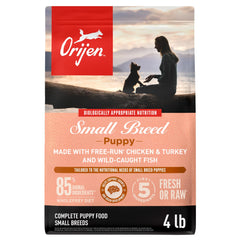 ORIJEN Small Breed Puppy dry food bag 4lb shows premium ingredients for growth.
