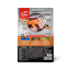 ORIJEN small-breed puppy kibble closeup highlighting protein-rich pieces for muscles.