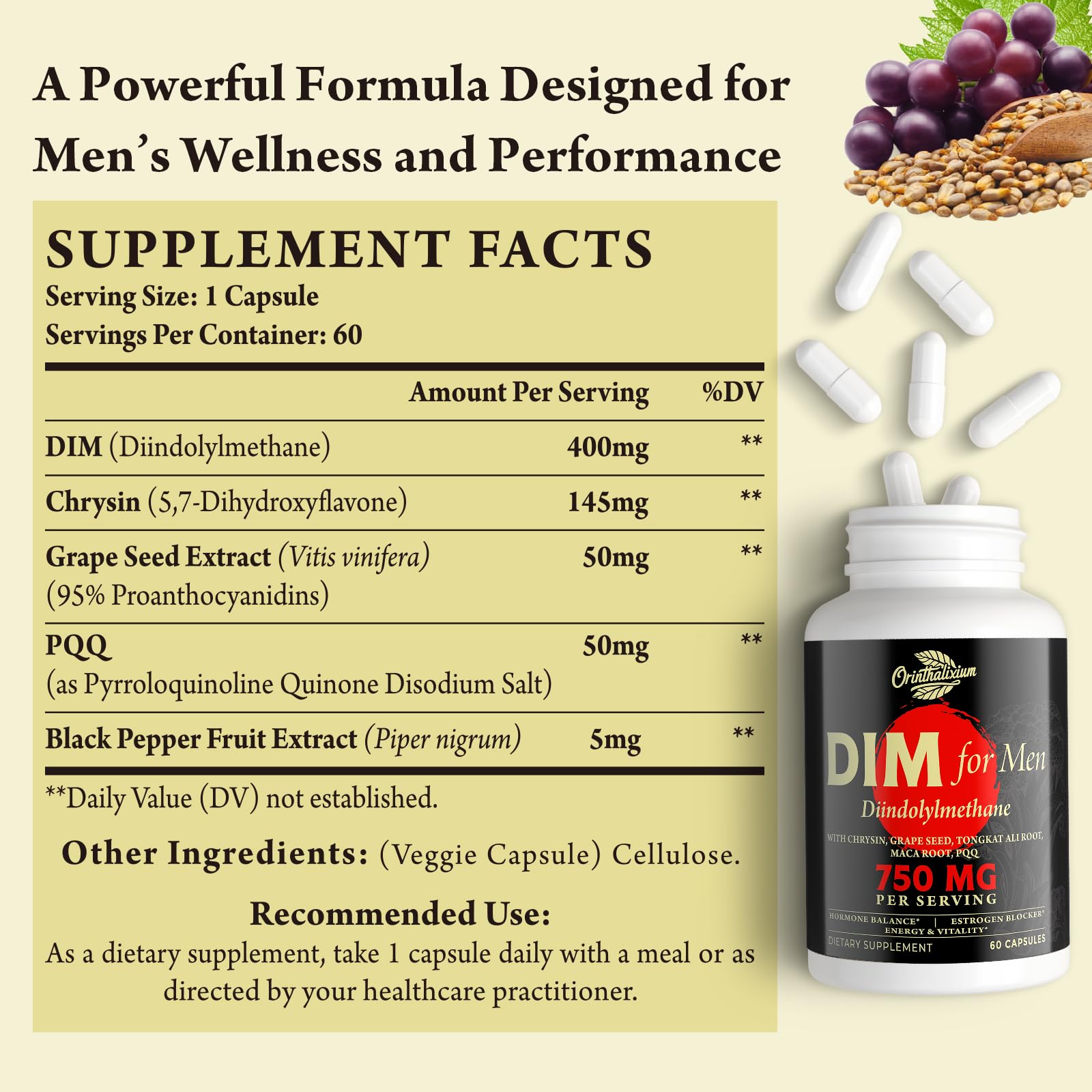 Orinthalixium DIM for Men capsules close-up highlighting smooth texture for dosing