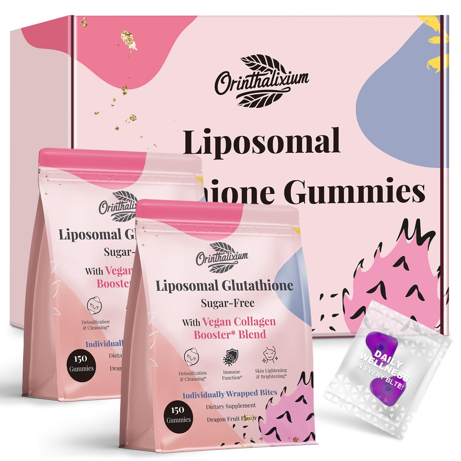 Orinthalixium liposomal glutathione gummies bottle shows 1000mg potency for antioxidant support.