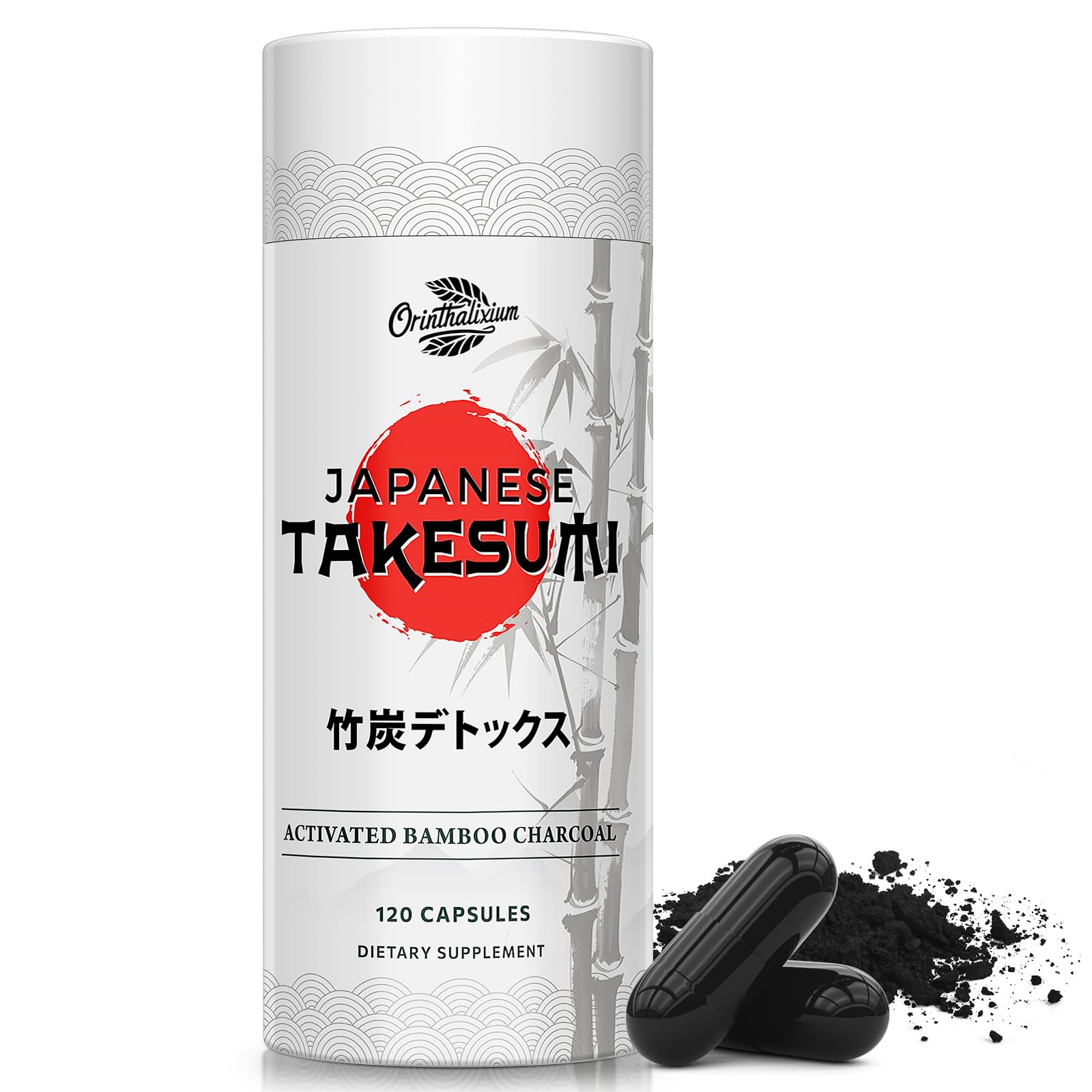 Orinthalixium Takesumi bamboo charcoal bottle highlights vegan, high-absorption formula for daily wellness.
