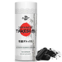 Orinthalixium Takesumi bamboo charcoal bottle highlights vegan, high-absorption formula for daily wellness.