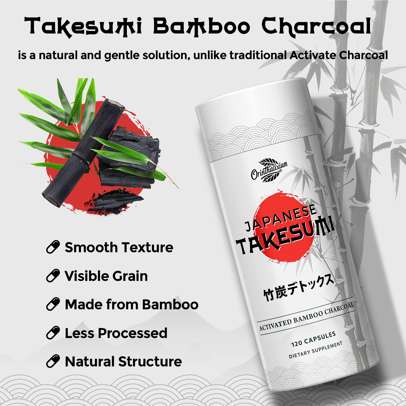 Orinthalixium Takesumi packaging view emphasizes sustainable bamboo sourcing and vegan formulation.