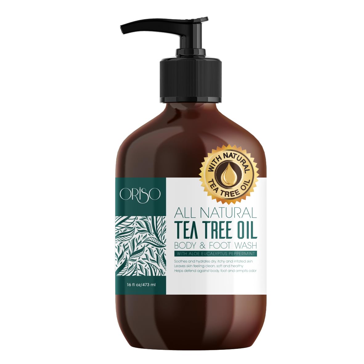 ORISO Tea Tree Body Wash bottle front, 16oz, for refreshing cleanse