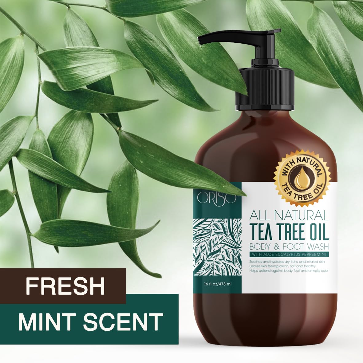 ORISO Tea Tree Body Wash label closeup highlighting natural ingredients