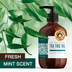 ORISO Tea Tree Body Wash label closeup highlighting natural ingredients