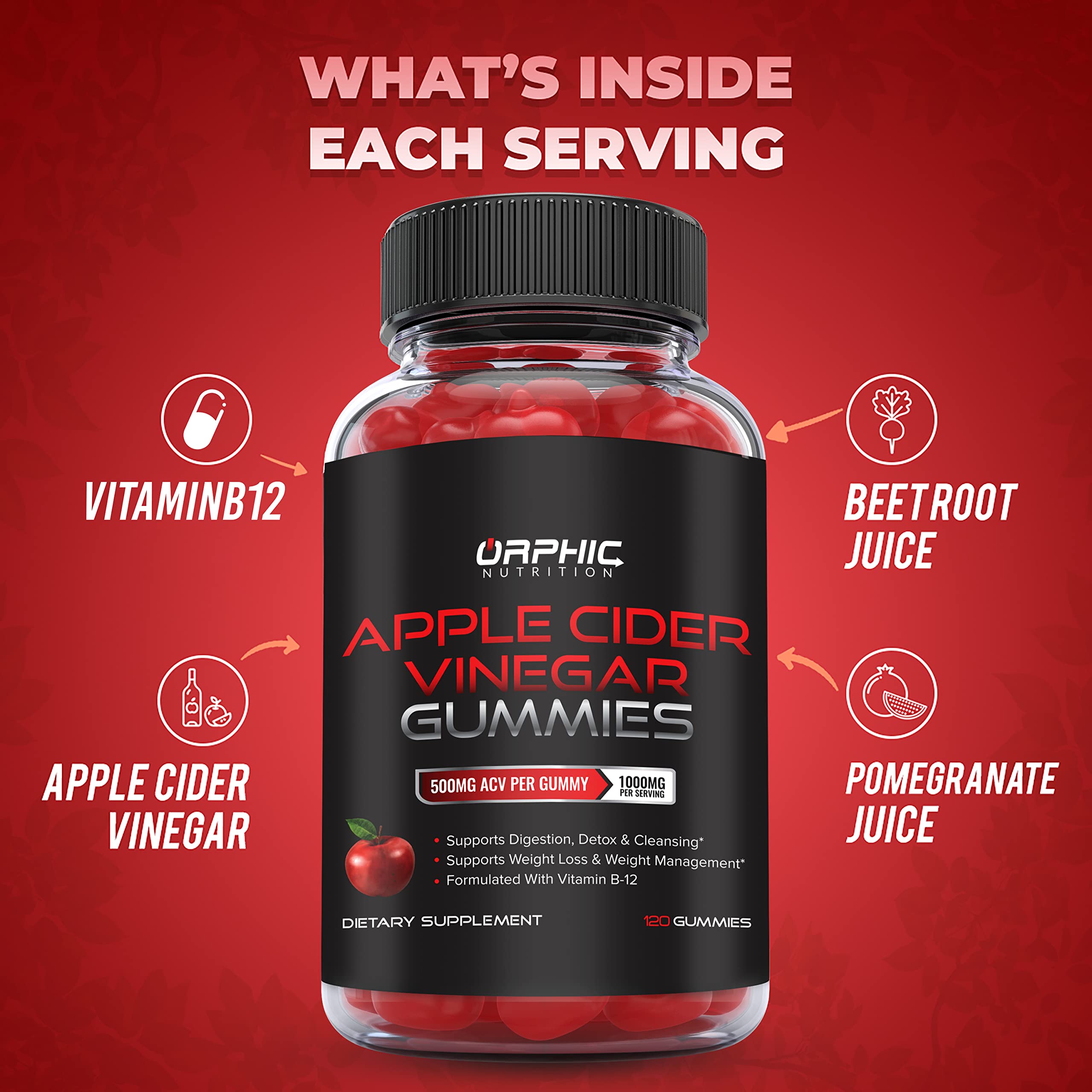 Orphic Nutrition Apple Cider Vinegar Gummies closeup showing vibrant beetroot and B12 blend