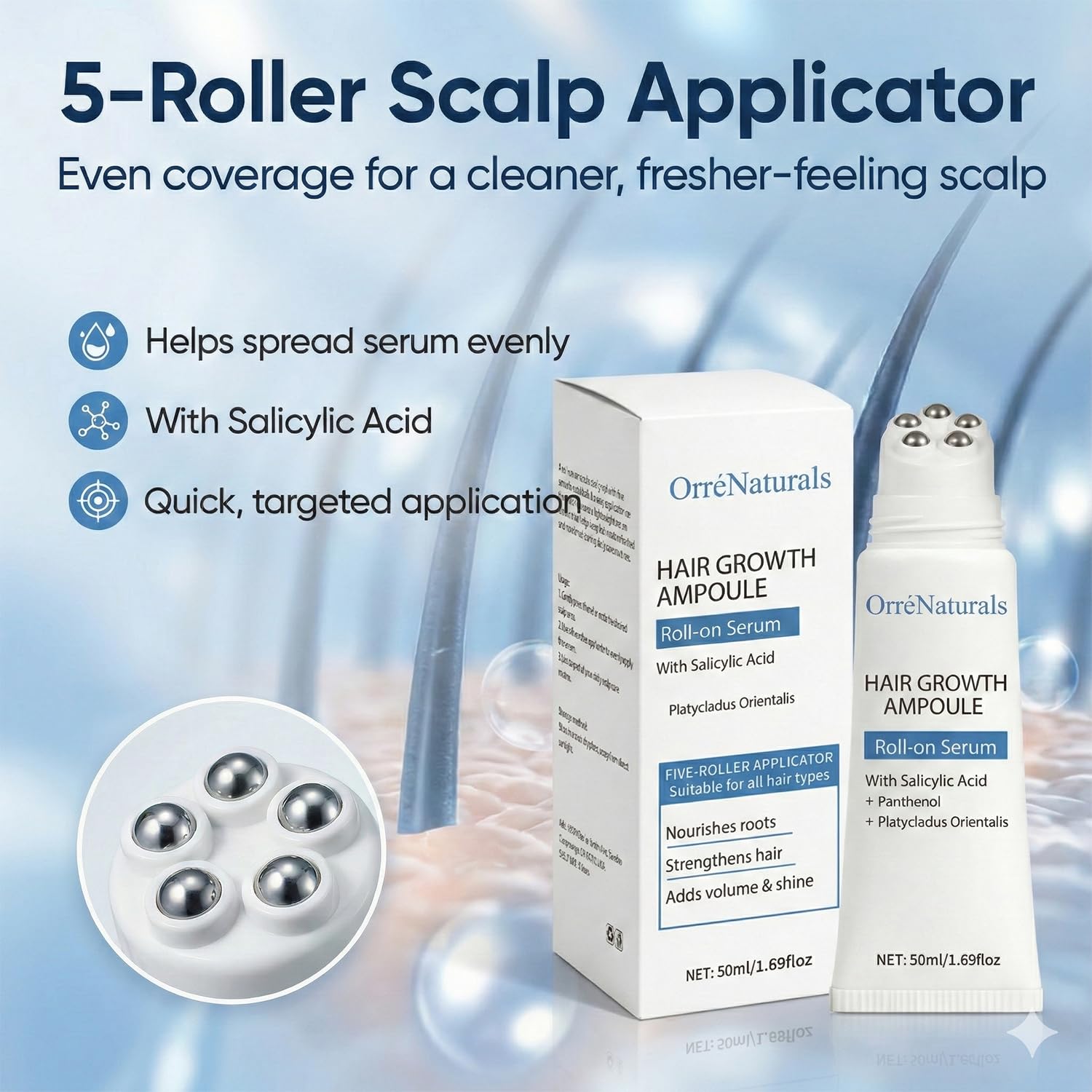 Orrenaturals Hair Growth Serum Roll-On applies evenly for quick refreshing scalp care