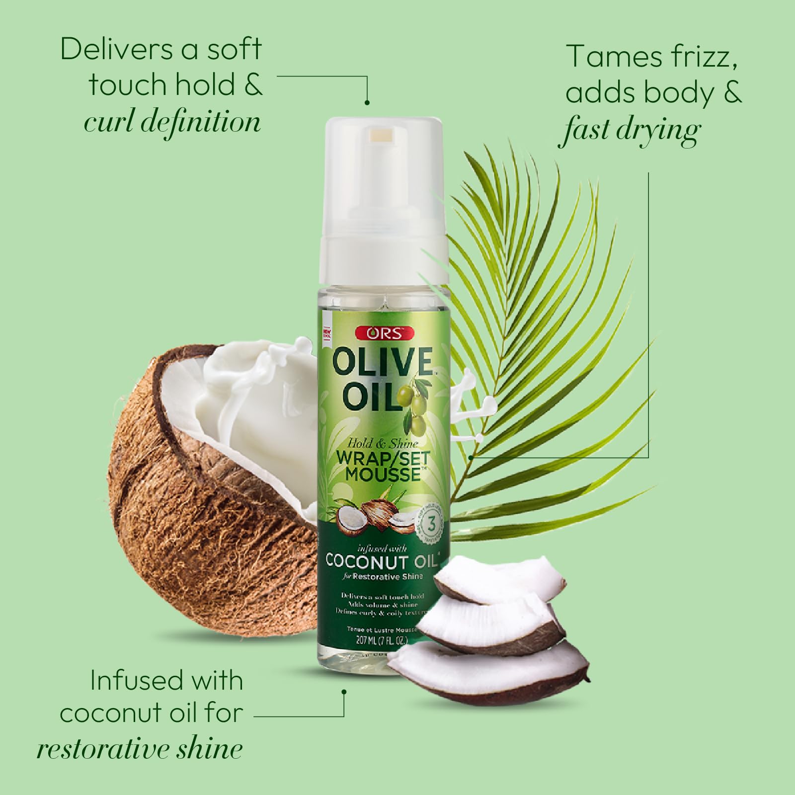 ORS Coconut Oil infusion adds smoothness and restorative shine during styling.