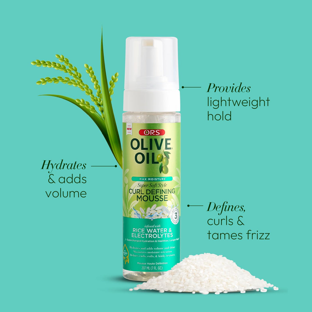 ORS Olive Oil Max Moisture mousse ingredient highlight rice water bottle label.