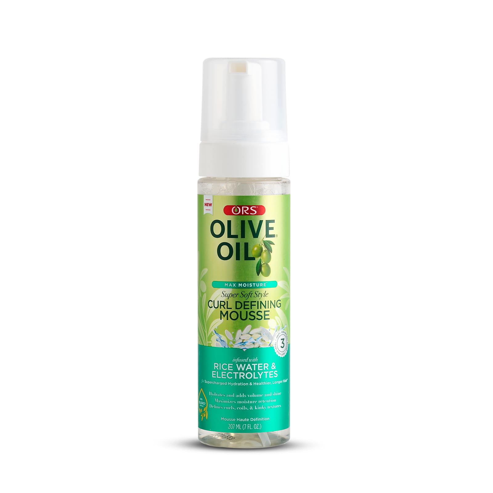 ORS Olive Oil Max Moisture mousse packaging on shelf, travel-friendly 7 oz bottle.