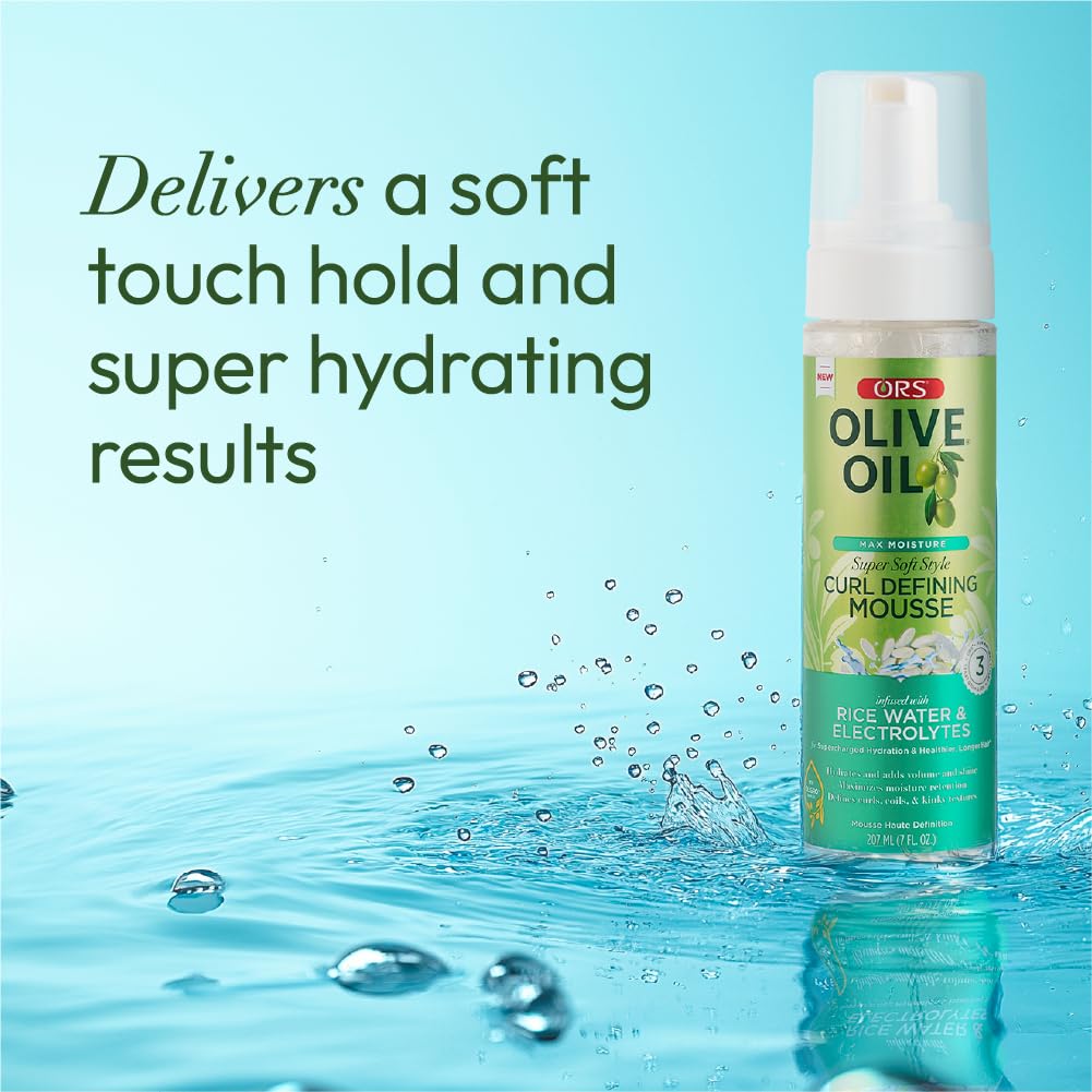 ORS Olive Oil Max Moisture mousse on coils delivering lightweight hold.