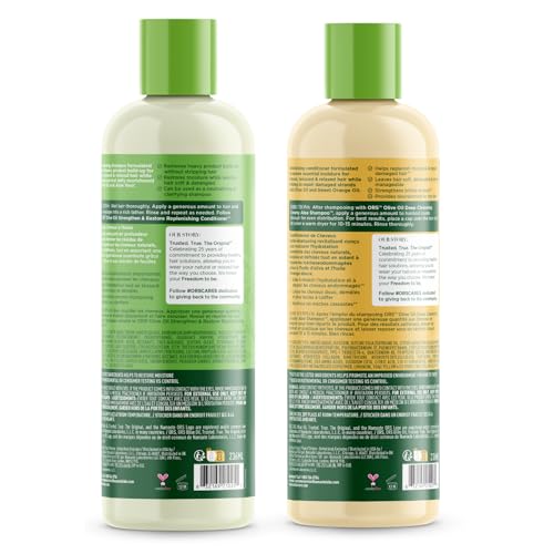 ORS Olive Oil Strengthen & Restore Conditioner bottle highlights moisture and shine.