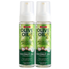 ORS Olive Oil Wrap Set Mousse pump shows soft hold and radiant shine for wraps.