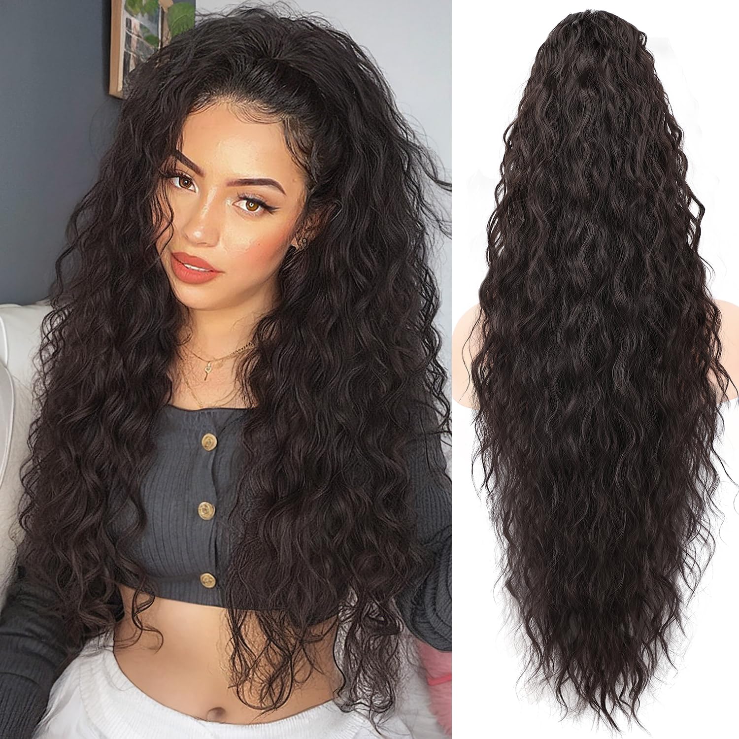 ORSUNCER claw long wavy ponytail extension in black brown for natural daily wear