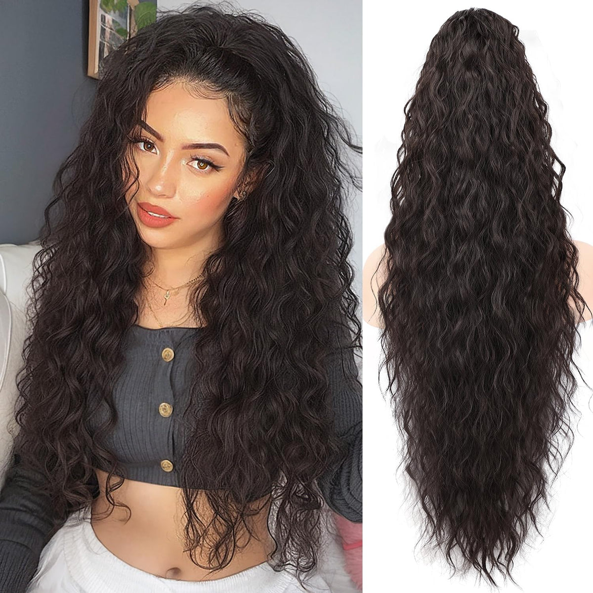 ORSUNCER claw long wavy ponytail extension in black brown for natural daily wear