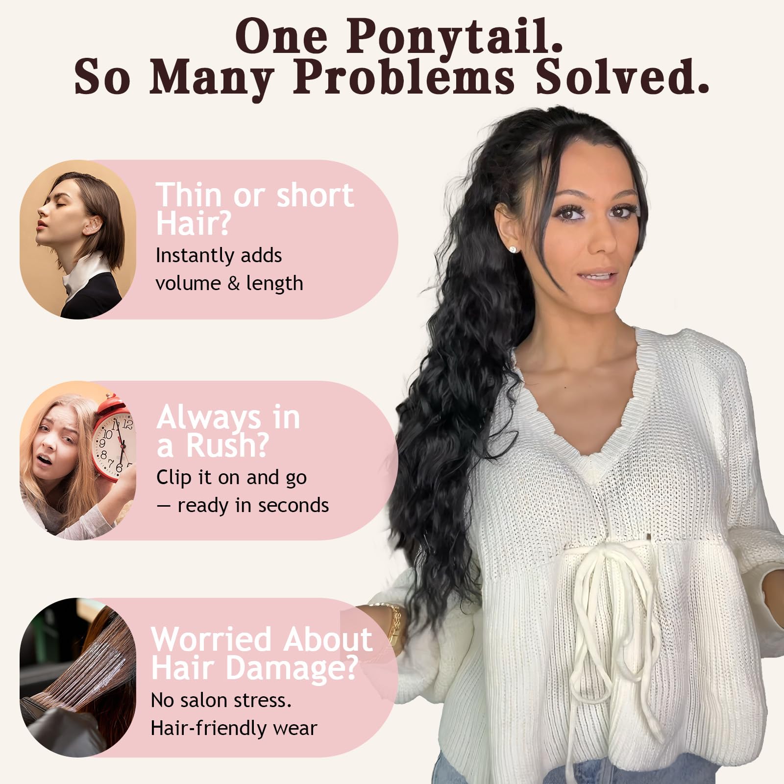 ORSUNCER clip ponytail worn during casual day for quick styling