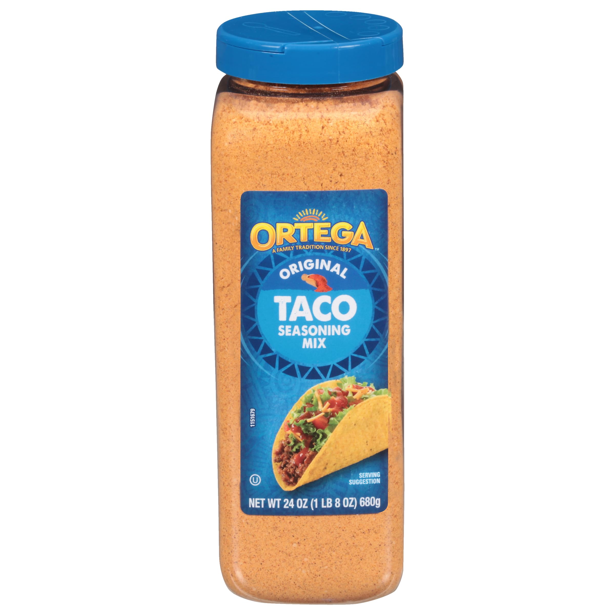 Ortega taco seasoning bottle front with authentic spice blend for tacos