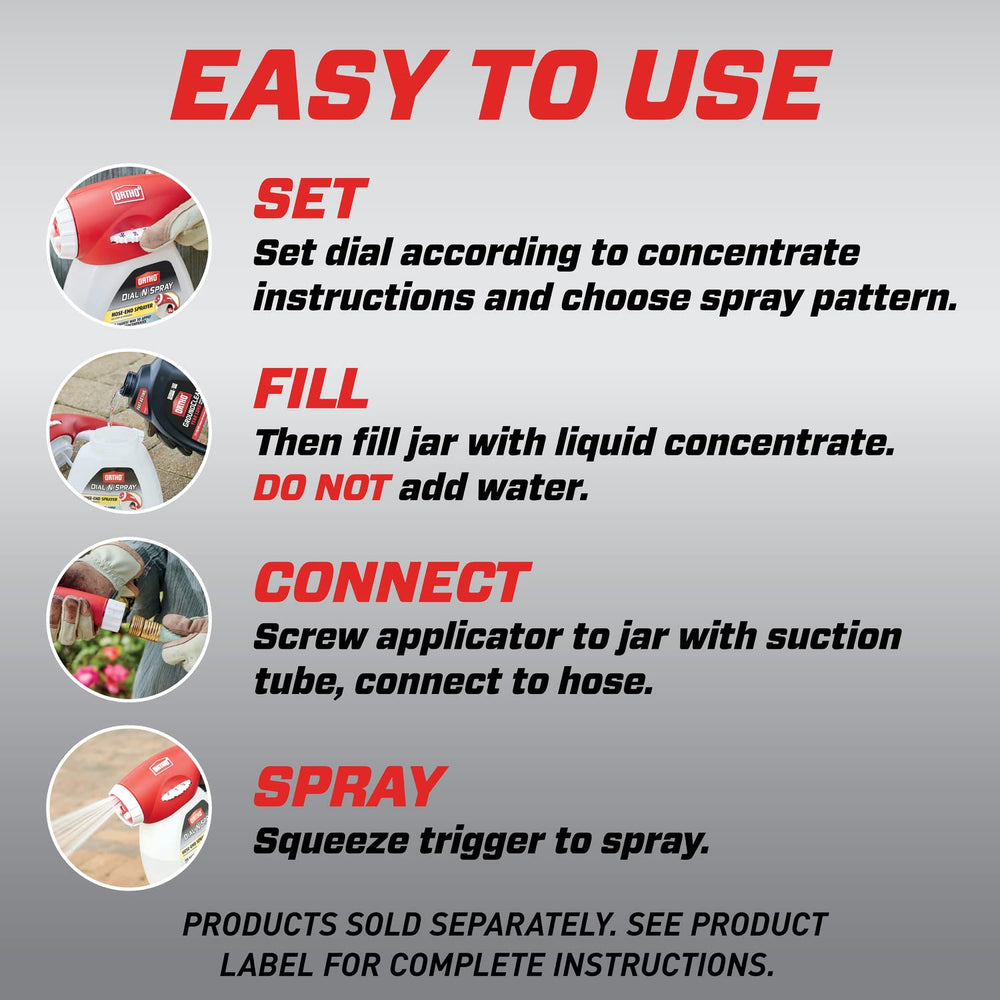 Ortho Dial N Spray sprays liquid concentrates directly from gallon mix without measuring.