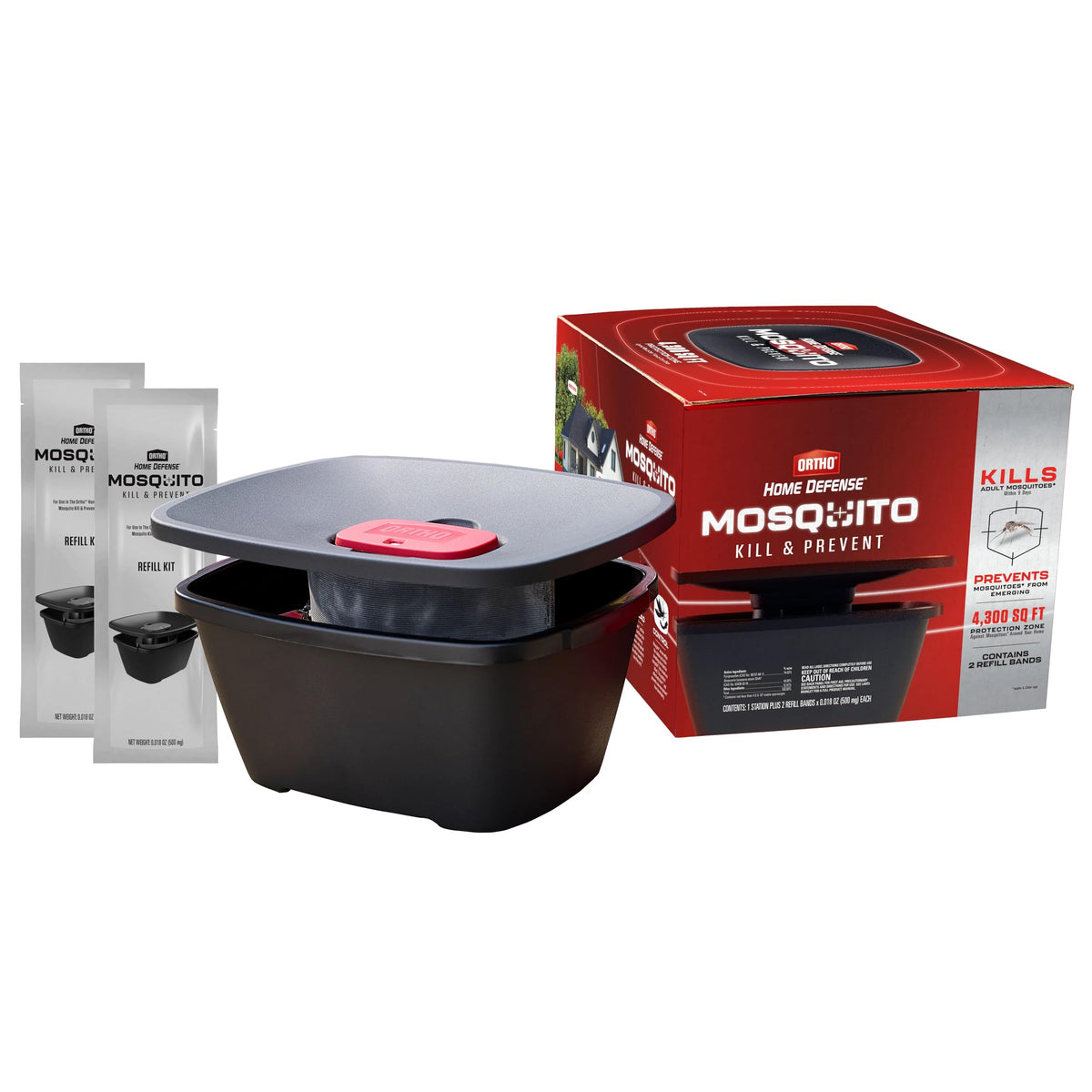 Ortho Home Defense Mosquito Station setup shows easy yard placement for long-term protection.