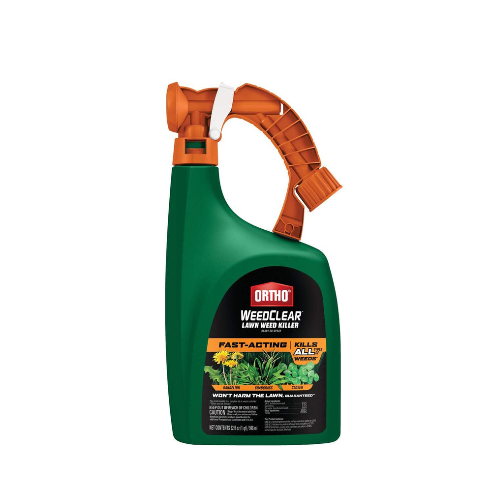 Ortho WeedClear lawn weed killer bottle ready for hose-end application on a green lawn