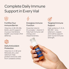 Orthomol Immun bottle with glass conveys easy liquid and tablet use