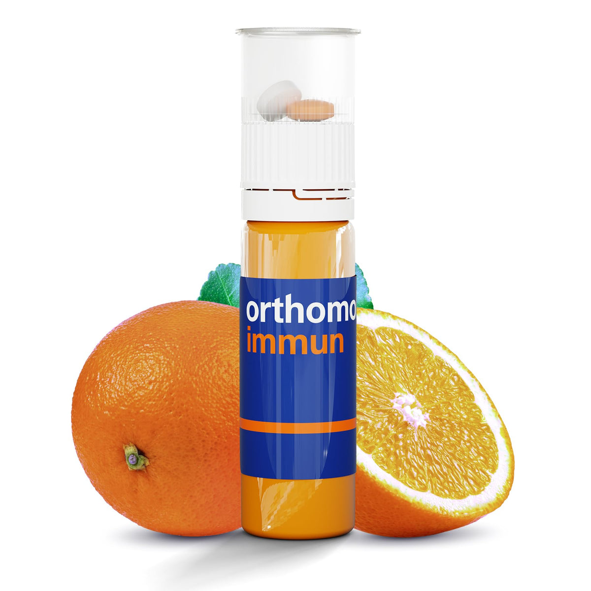 Orthomol Immun liquid shot being poured supports everyday immune function
