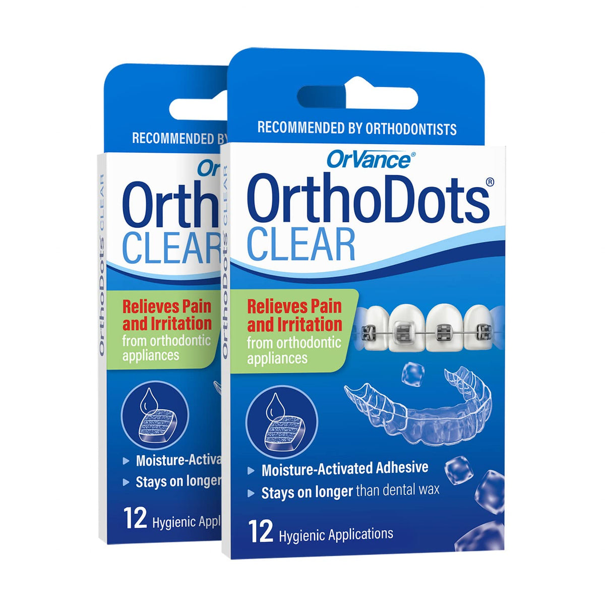 Orvance OrthoDots CLEAR 24h protection on braces for discreet meals.