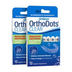 Orvance OrthoDots CLEAR 24h protection on braces for discreet meals.
