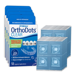Orvance OrthoDots Clear being applied on braces for secure protection.