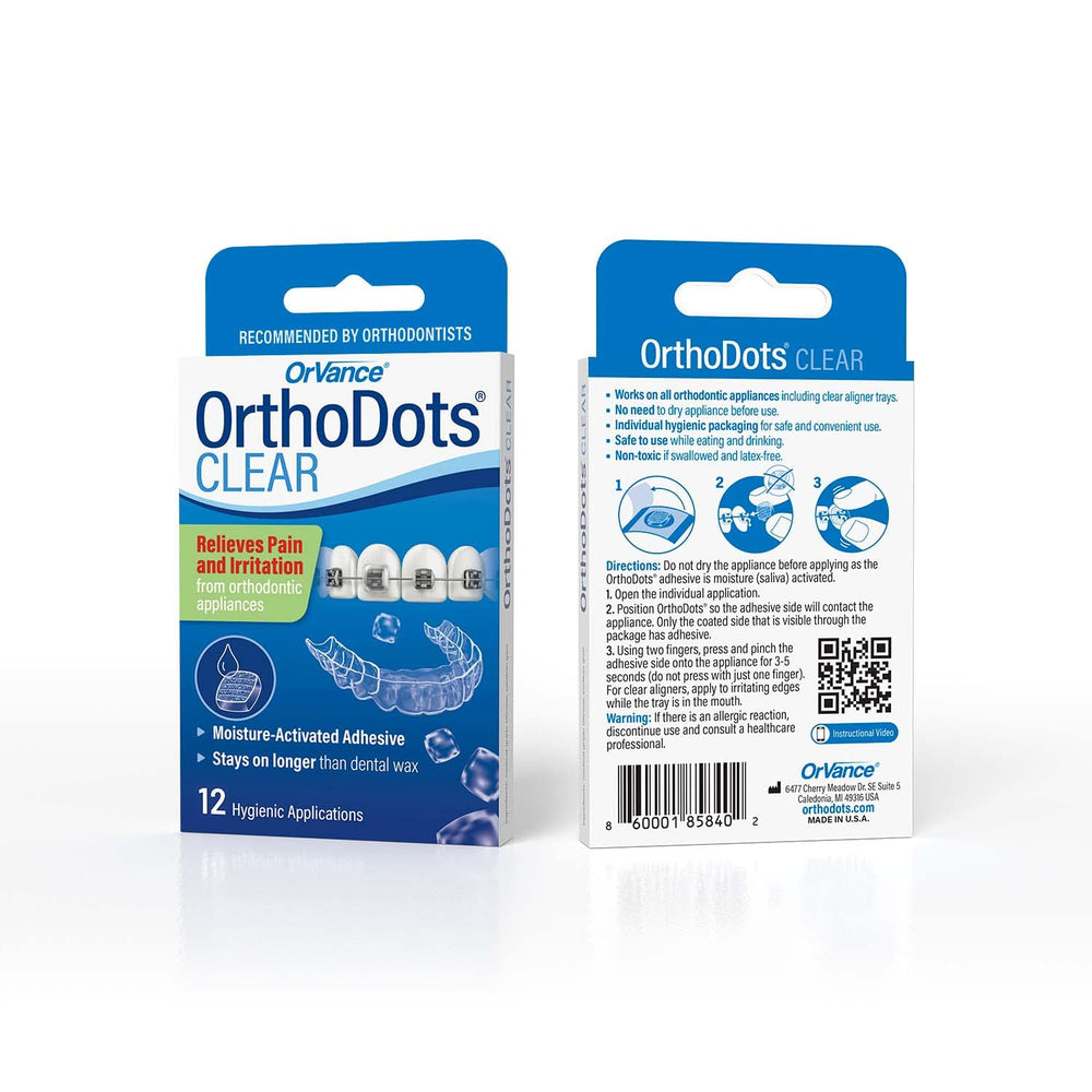 Orvance OrthoDots moisture-activated adhesion on braces for secure wear.