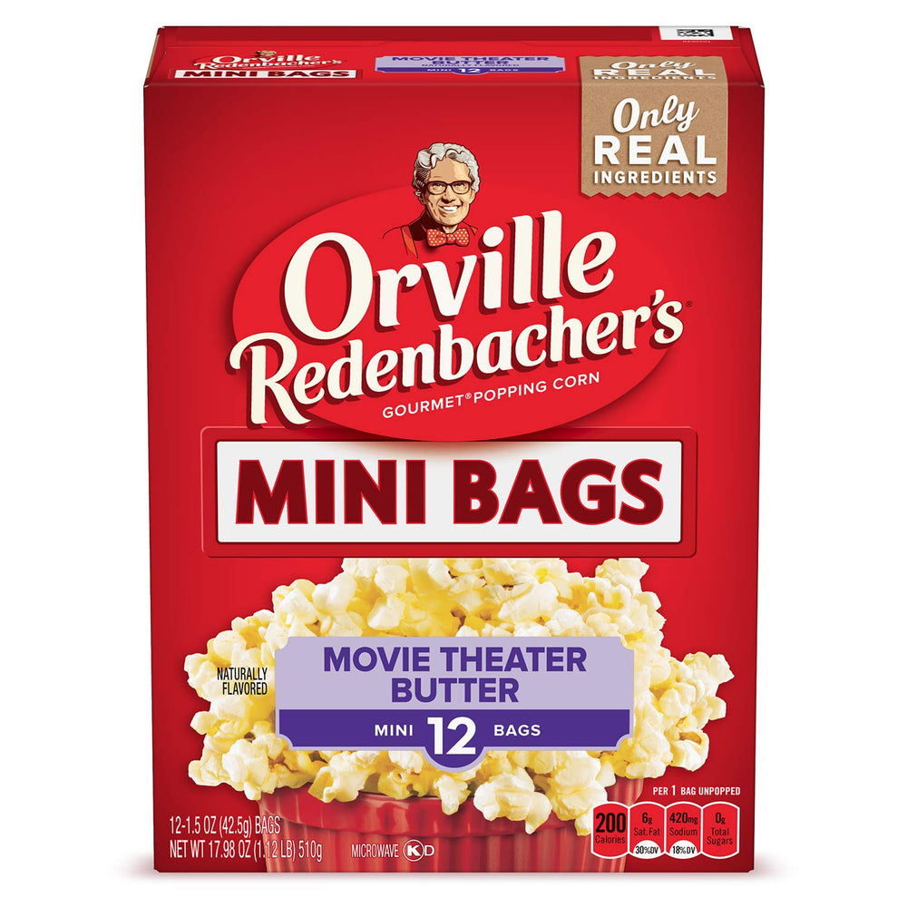 Orville Redenbacher's microwave popcorn mini bags packaging for quick snack prep.