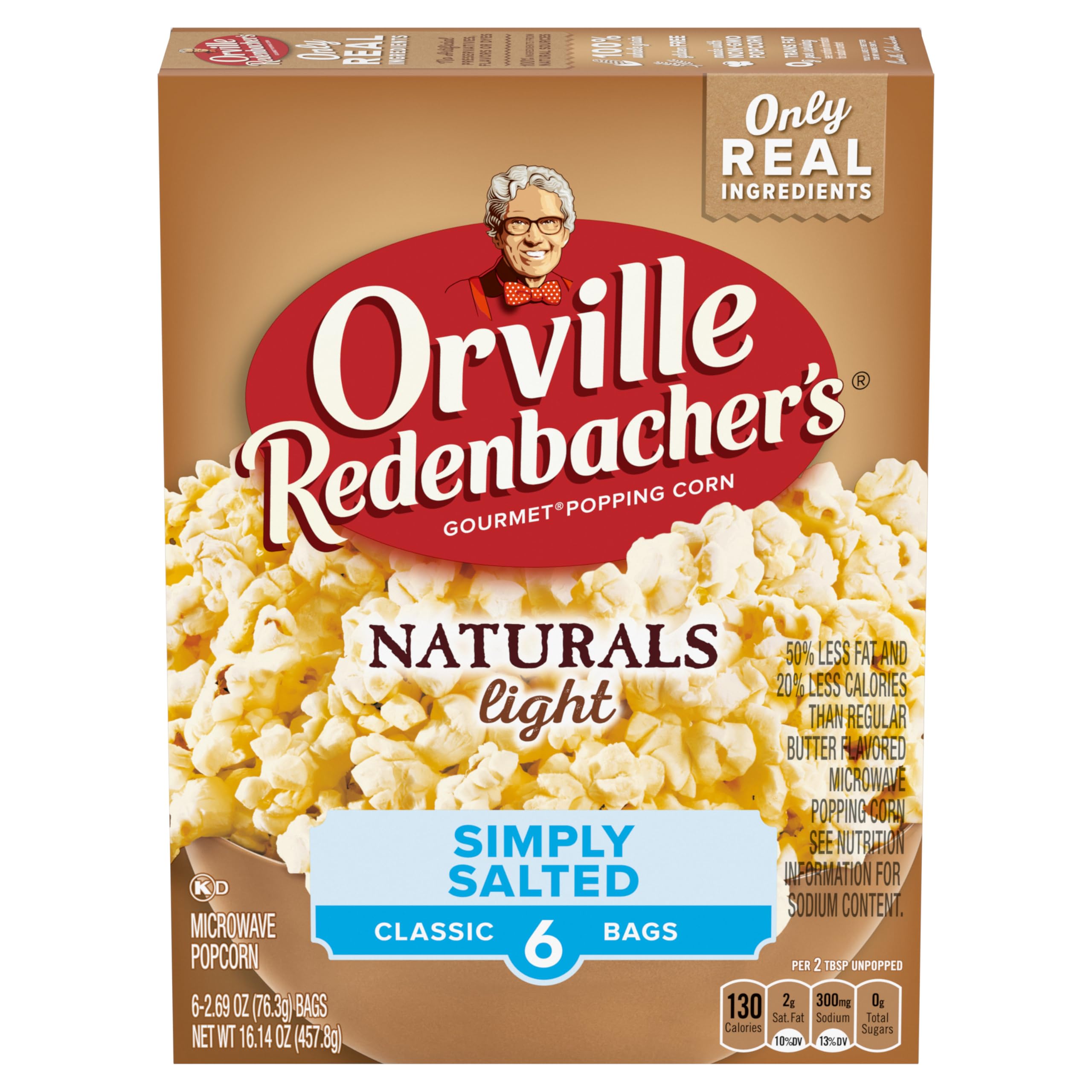 Orville Redenbacher's Naturals Simply Salted popcorn bag highlights whole-grain goodness and light salt.
