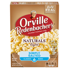 Orville Redenbacher's Naturals Simply Salted popcorn bag highlights whole-grain goodness and light salt.