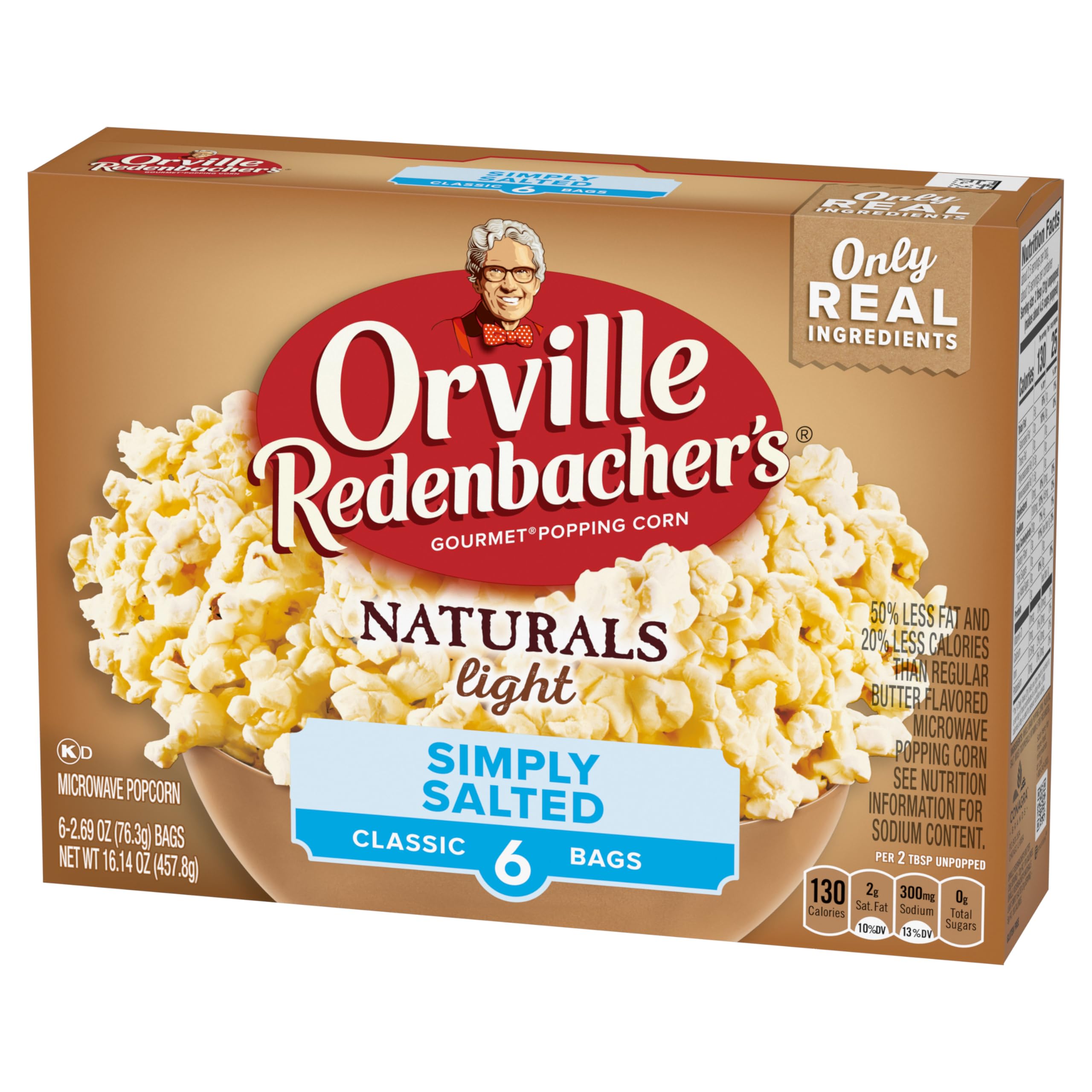 Orville Redenbacher's Naturals Simply Salted popcorn nutrition label emphasizing whole grain and zero trans fat.