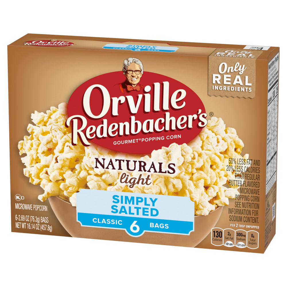 Orville Redenbacher's Naturals Simply Salted popcorn nutrition label emphasizing whole grain and zero trans fat.